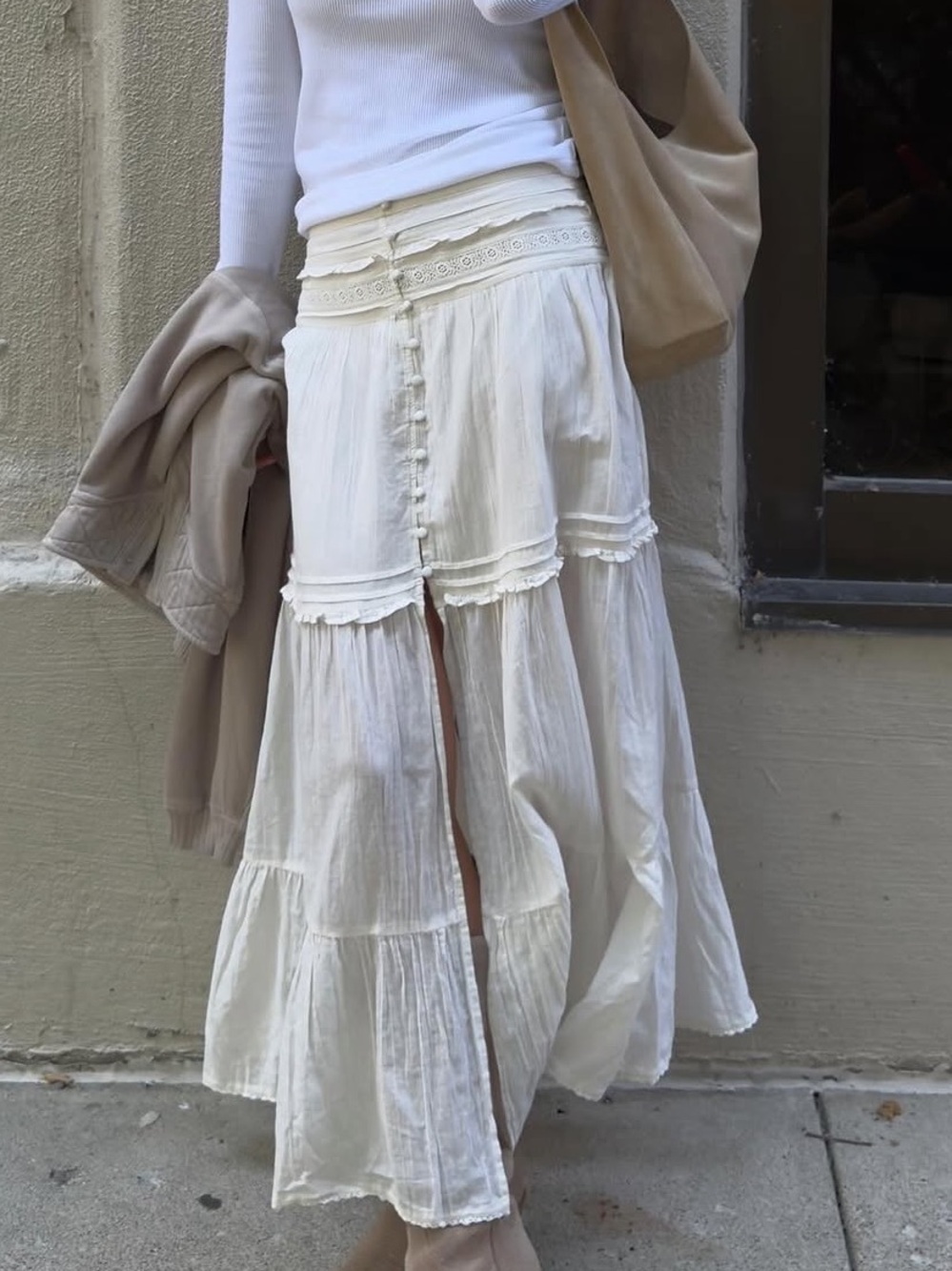 Aerie Ruffle Smocked Split Front Button-Front Maxi Skirt Size XXL New